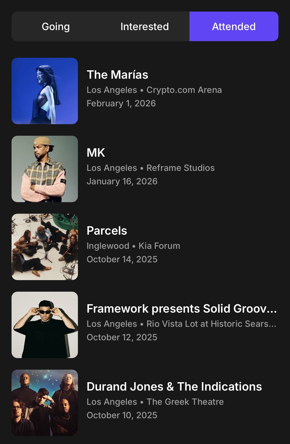 Attended events list