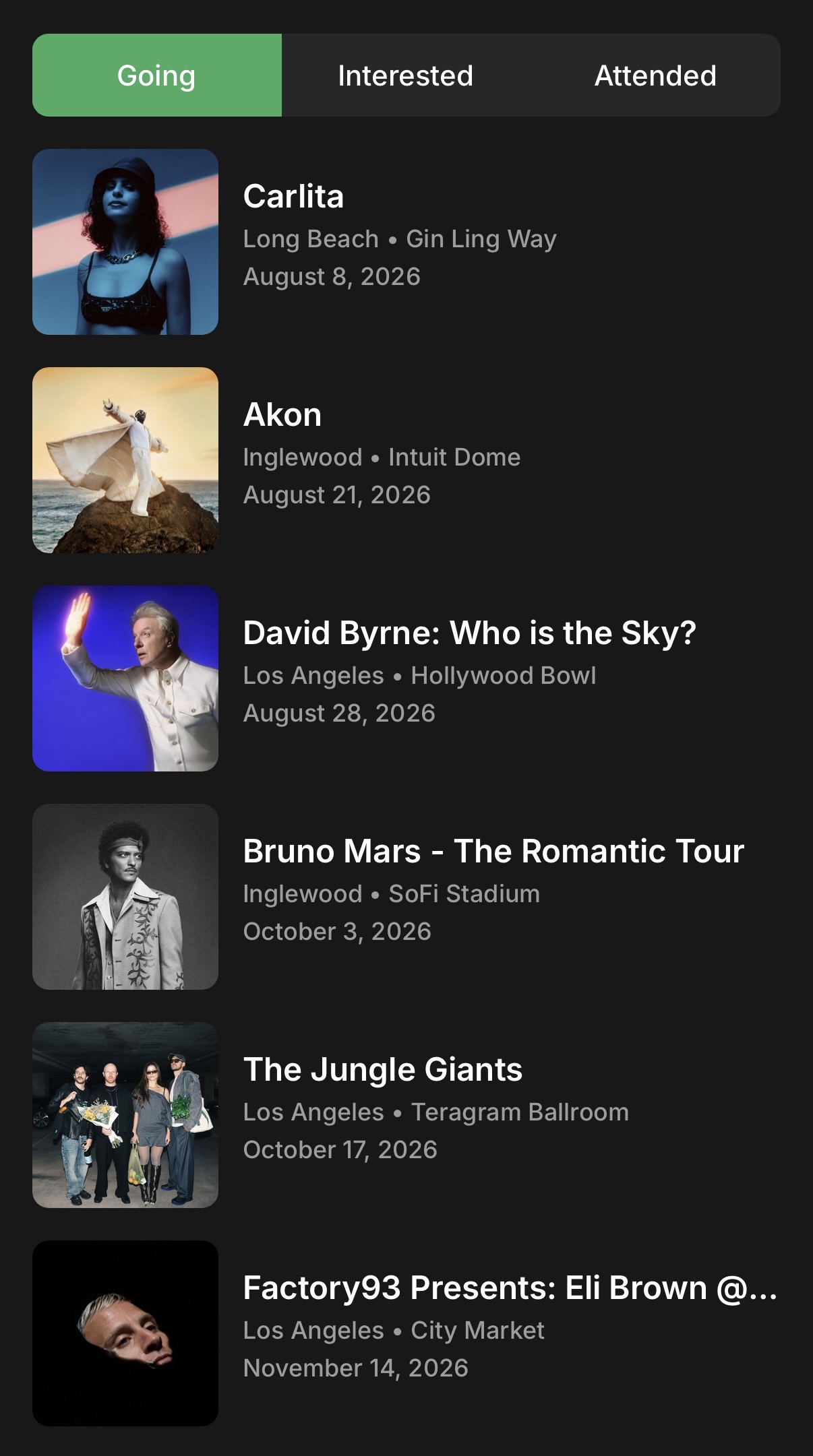Going events list